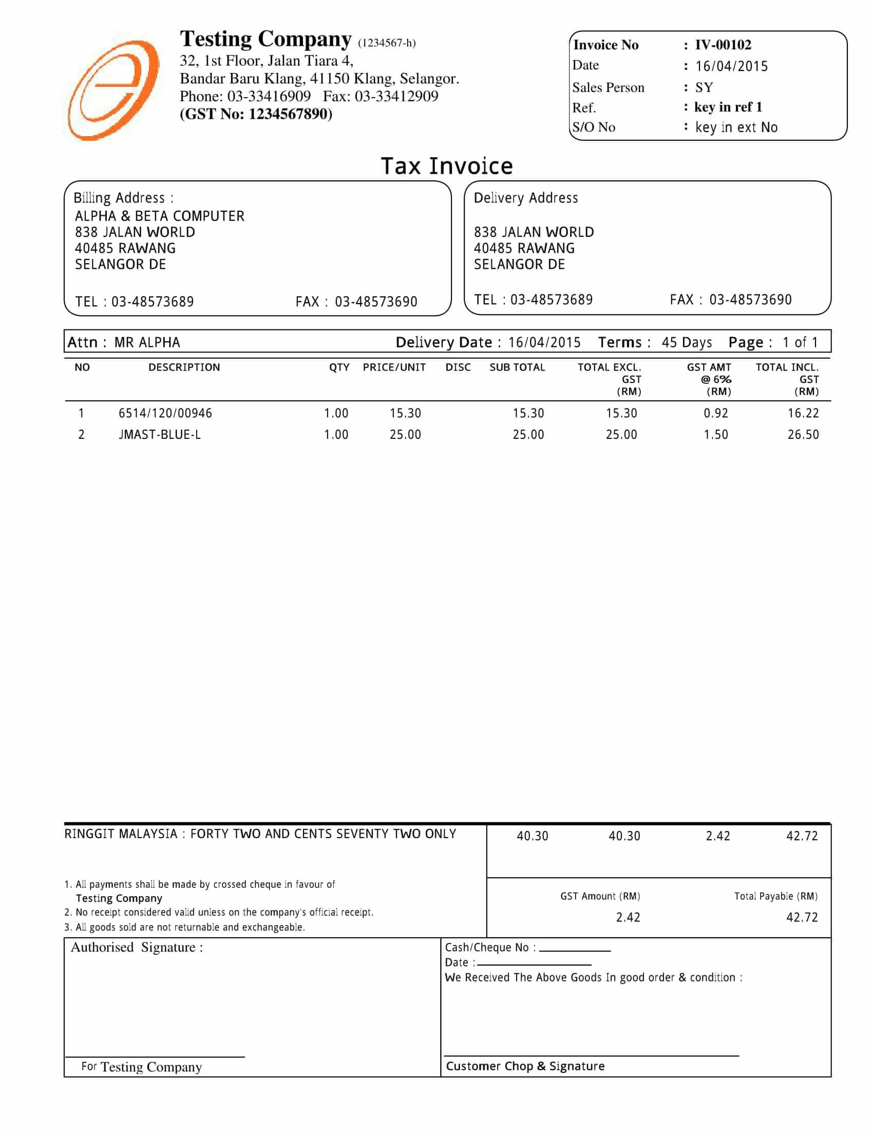 15 Tax Invoice Half | E Stream MSC